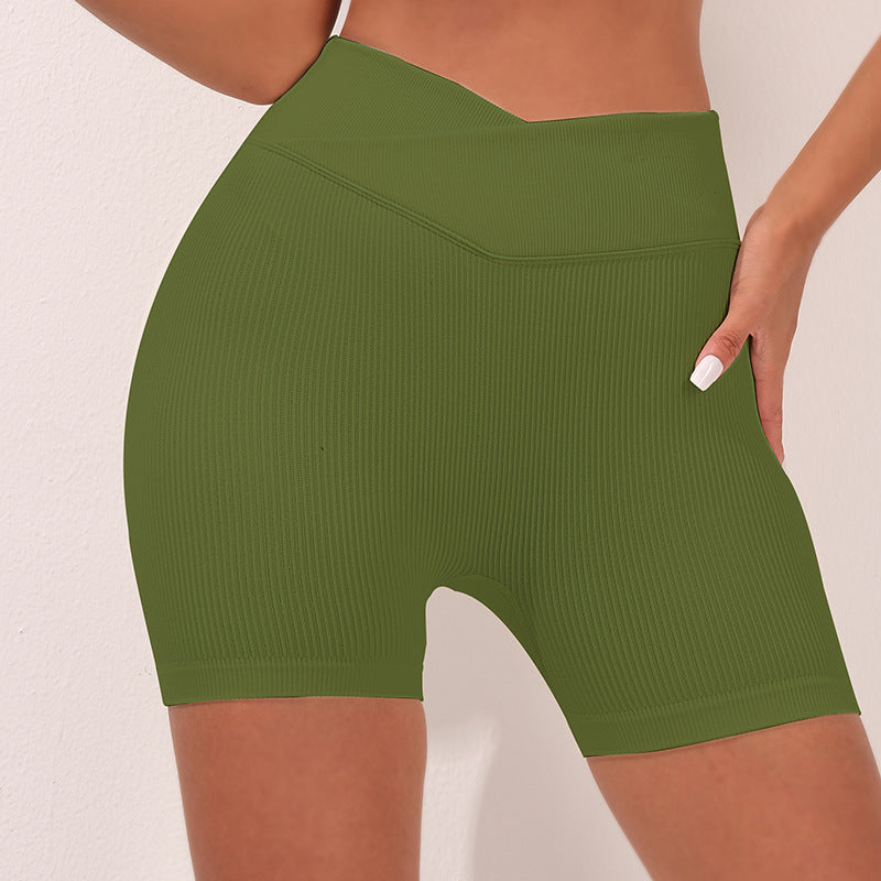 Seamless Knitted Yoga Shorts Peach Hip Lifting High Waist Fitness Pants Tight Cross Sports Three Pants