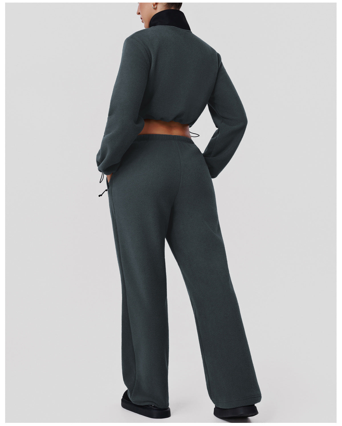 Thickened Double Sided Polar Fleece Casual Autumn Winter Warm Stand Collar Jacket Wide Leg Trousers Sports Two Piece Sets