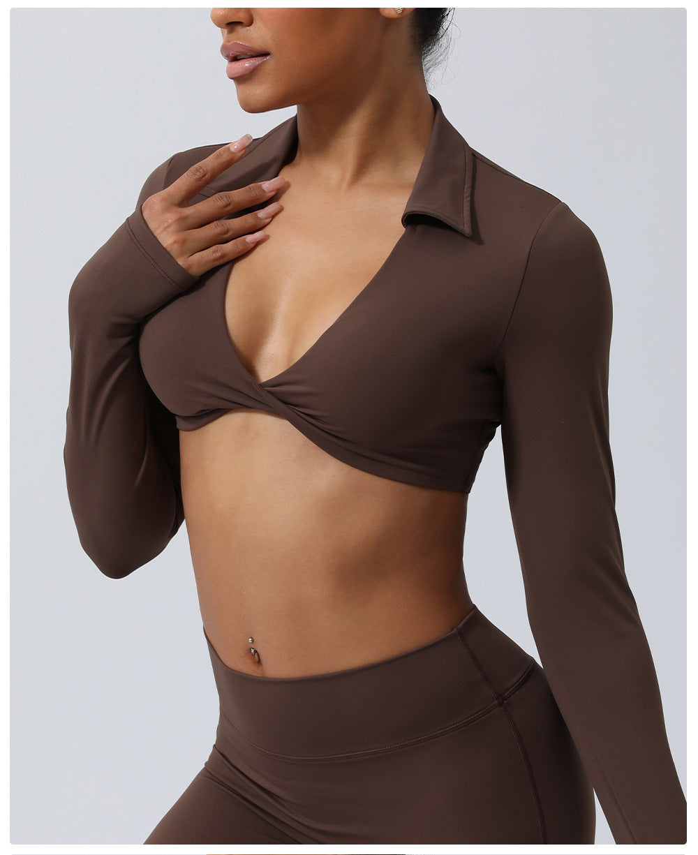 Nude Feel Collared Kinky Sports Top Sexy Cropped Exposed Yoga Clothes with Chest Pad Indoor Training Workout Long Sleeve T shirt