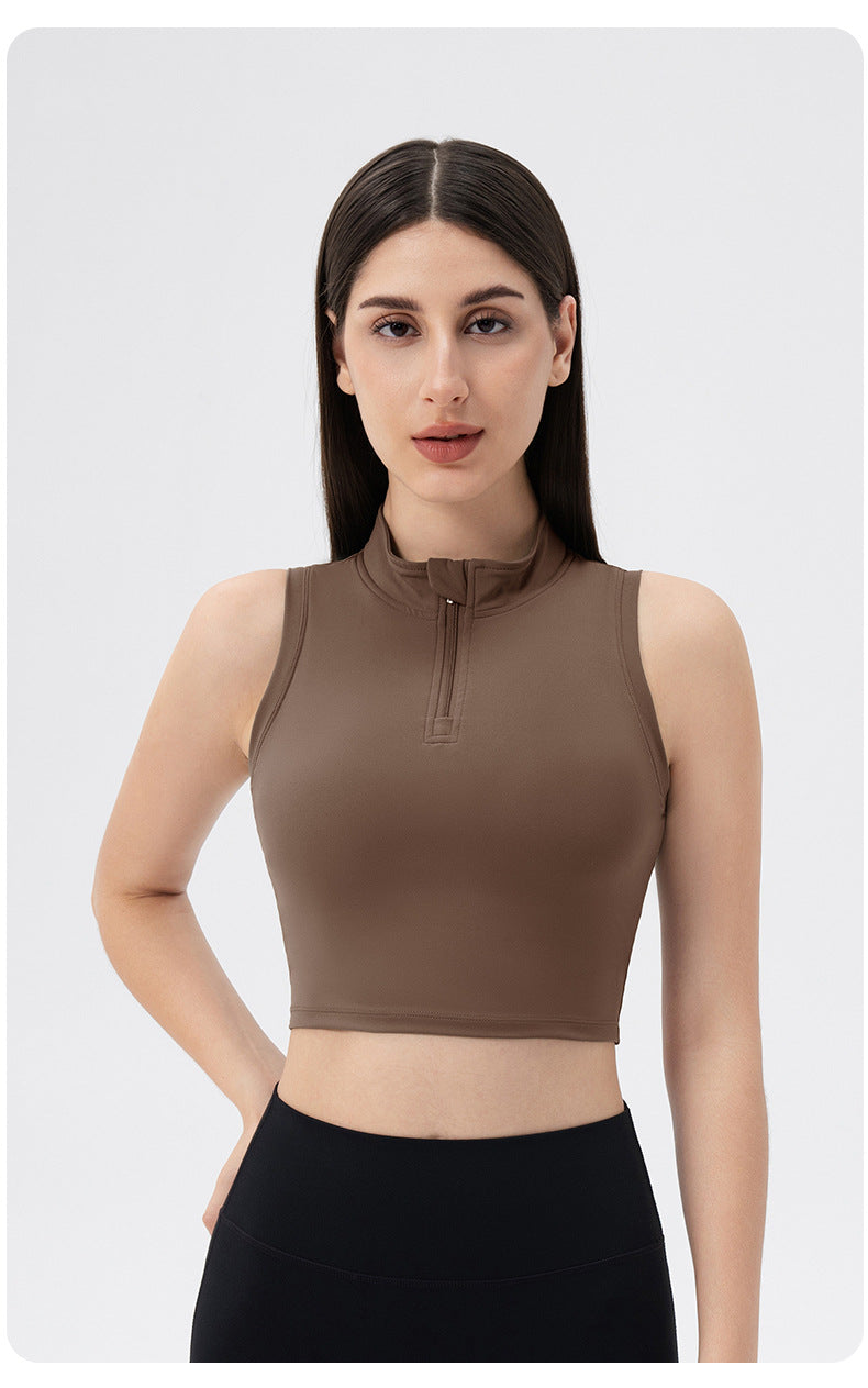 Sleeveless Stand Collar Slimming Yoga Clothes Vest Front Zipper Skinny Exercise Top with Chest Pad Running Workout Vest Women