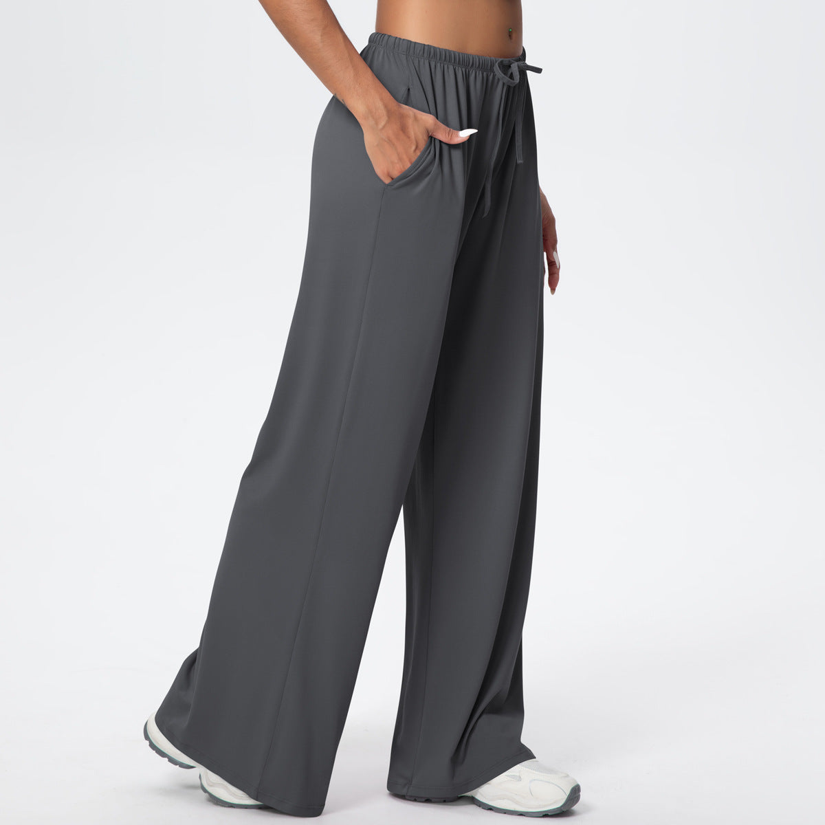 Brushed Trousers Draping Side Pocket Wide Leg Pants Loose Casual Pants Women Sports Fitness Elastic Drawstring Trousers