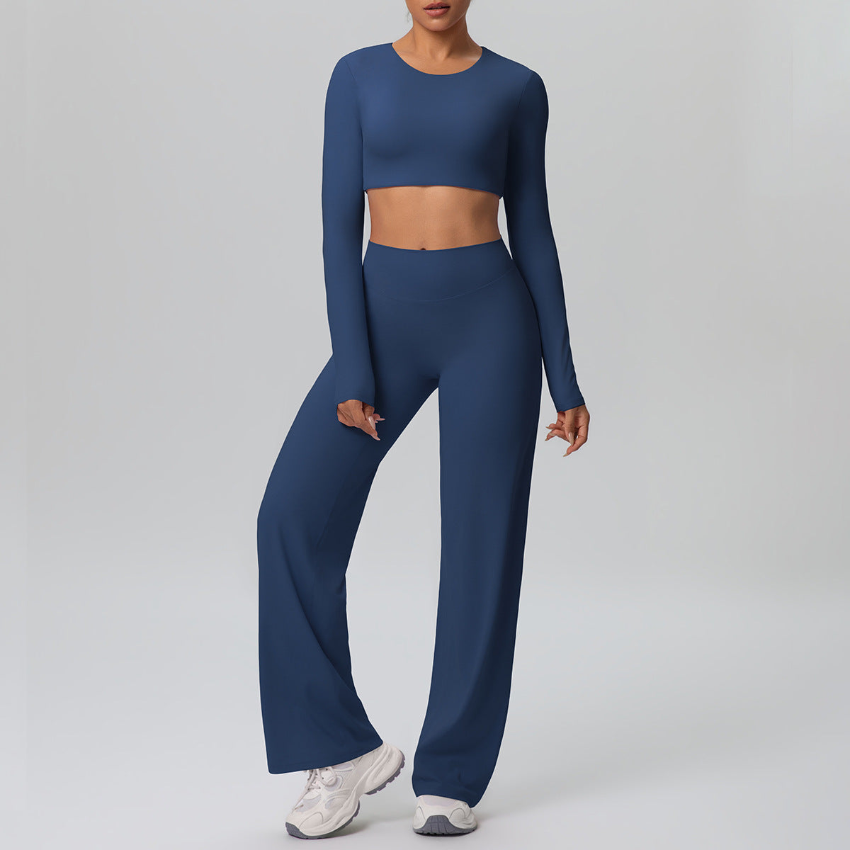 Women Long Sleeve Skin Friendly with Chest Pad Breathable Sports Drooping Straight Pants Yoga Set