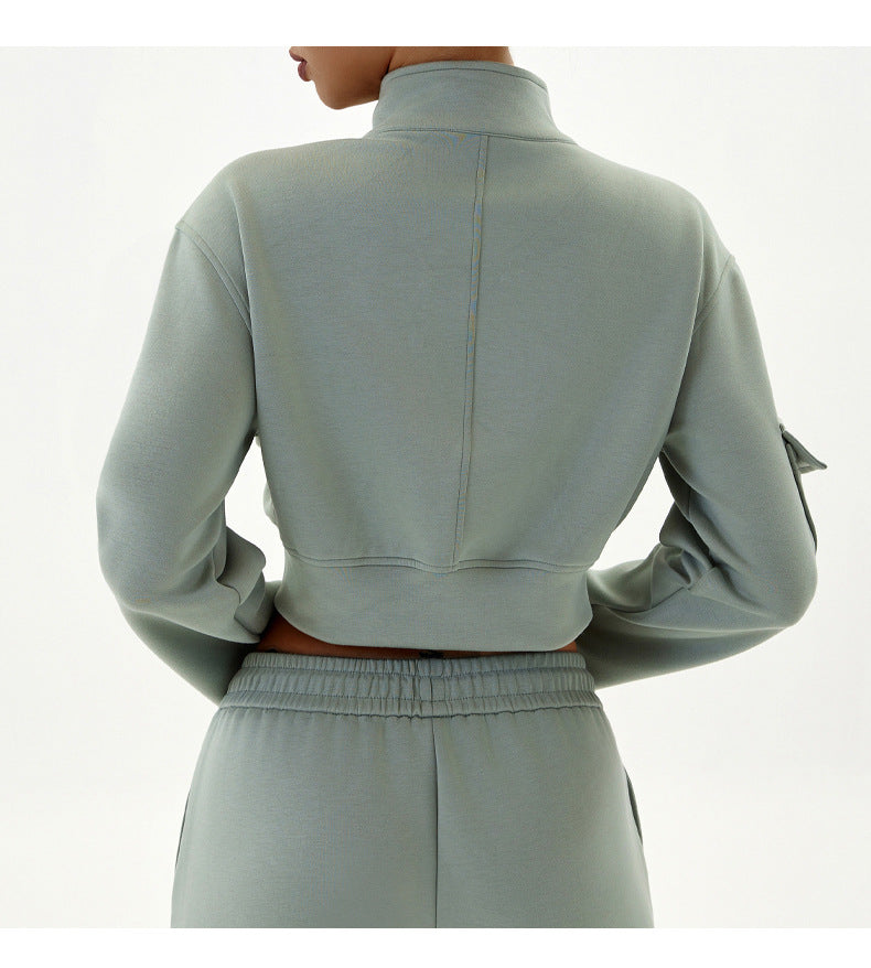 Women Autumn Winter Sports Sweater Stand Collar Loose with Long Sleeve Zipper Top Jogging Fitness Yoga Wear