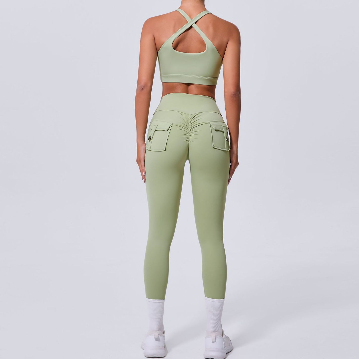 Autumn Sand Winter Pocket Nude Feel Tight Yoga High Waist Quick Drying Running Sports Workout Clothes Two Piece SetS