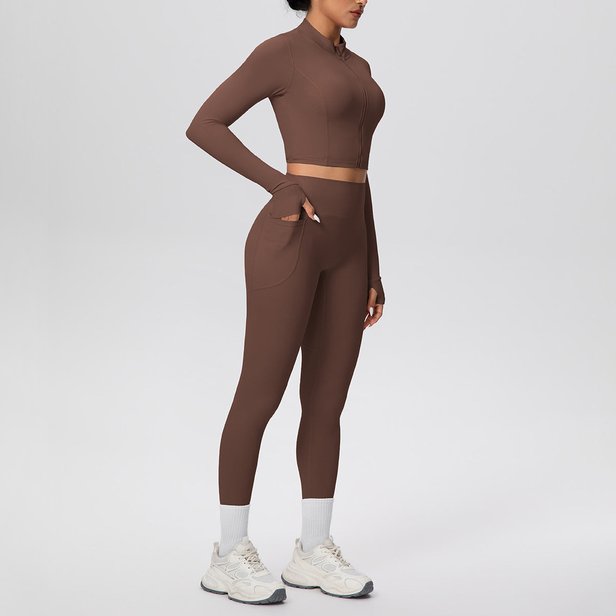 Tight High Waist Nude Feel Thumb Hole Zip Long Sleeve Coat Pocket Yoga Clothes Fitness Hip Lifting Yoga Set