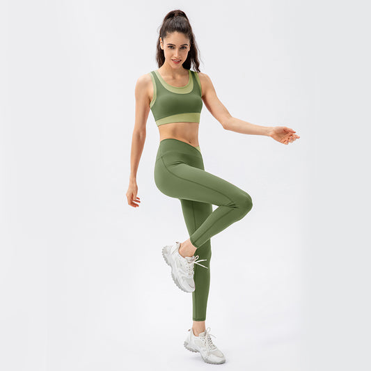 Women Sense No Embarrassment Line Yoga Pants Contrast Color Criss Cross Waist Sports Pants Skinny Hip Raise Fitness Trousers