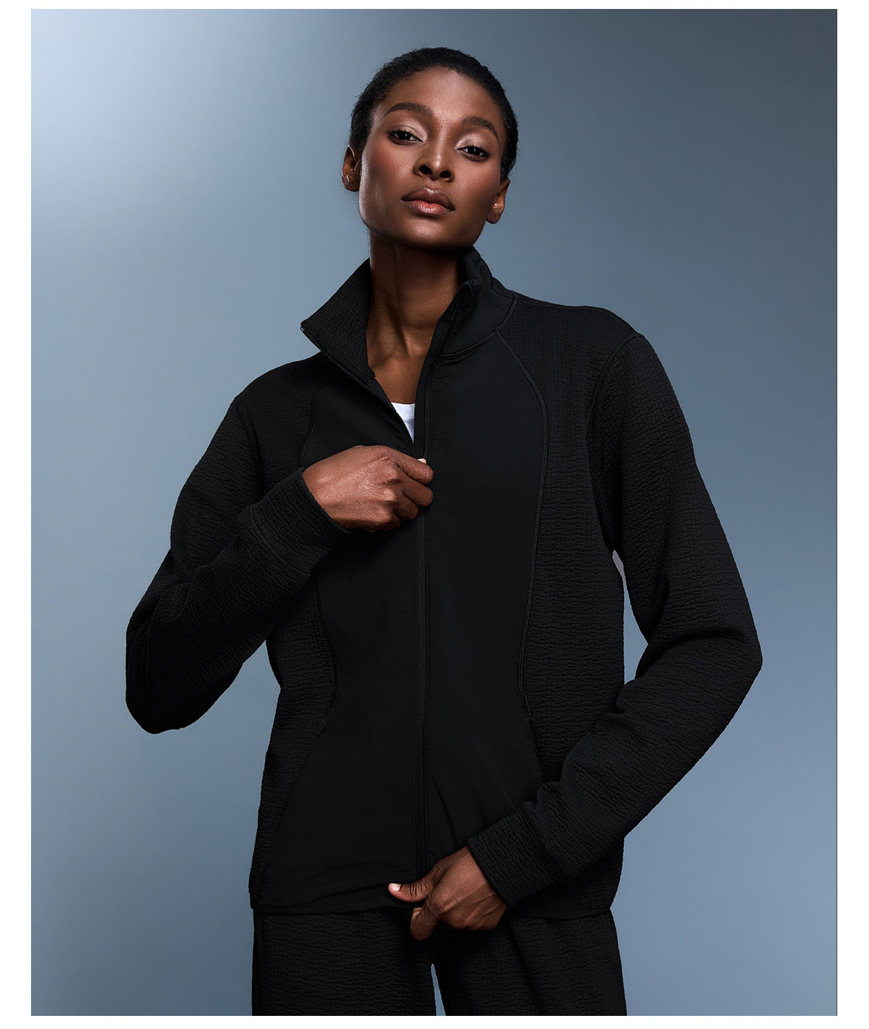 Waffle Slim Fit Stand Collar Sports Jacket Women Casual Loose Stitching Cardigan Autumn