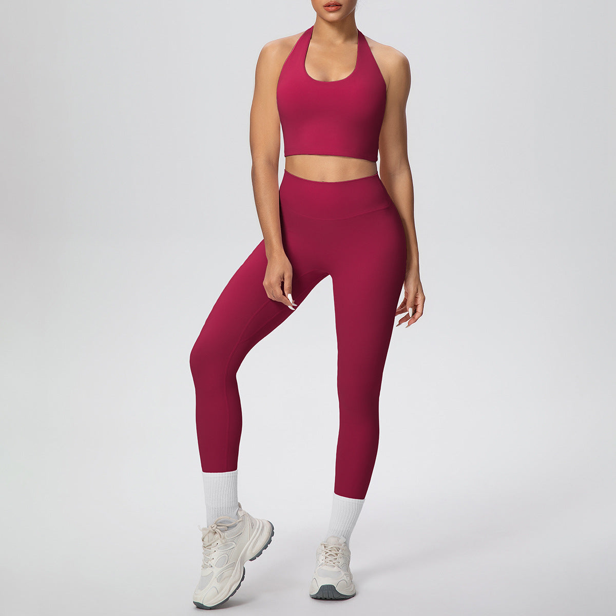 Solid Color Halter Beauty Back Exercise Bra Gathering Vest Running Body Shaping Exercise Workout Pants Yoga Two Piece Sets