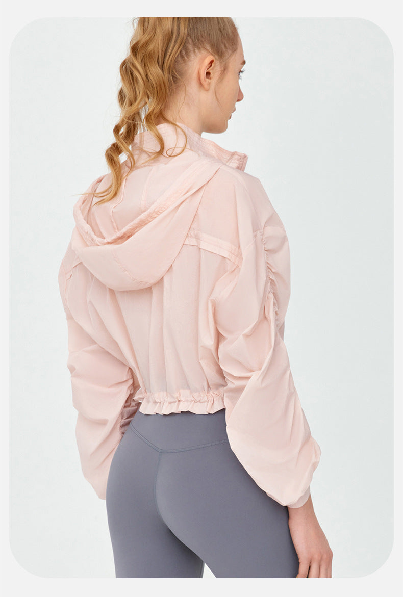 High Grade Sun Protective Clothing Women Outdoor Loose Short Breathable Sun Protection Long Sleeve Hooded Ruched Sun Protection Jacket
