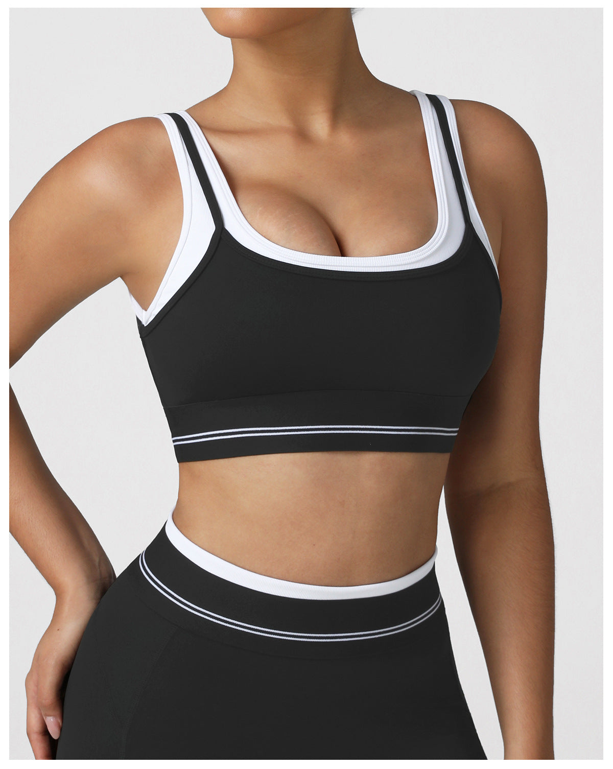 Faux Two Piece Contrast Color Sports Bra High Elastic Push up Yoga Underwear Fitness Vest with Chest Pad