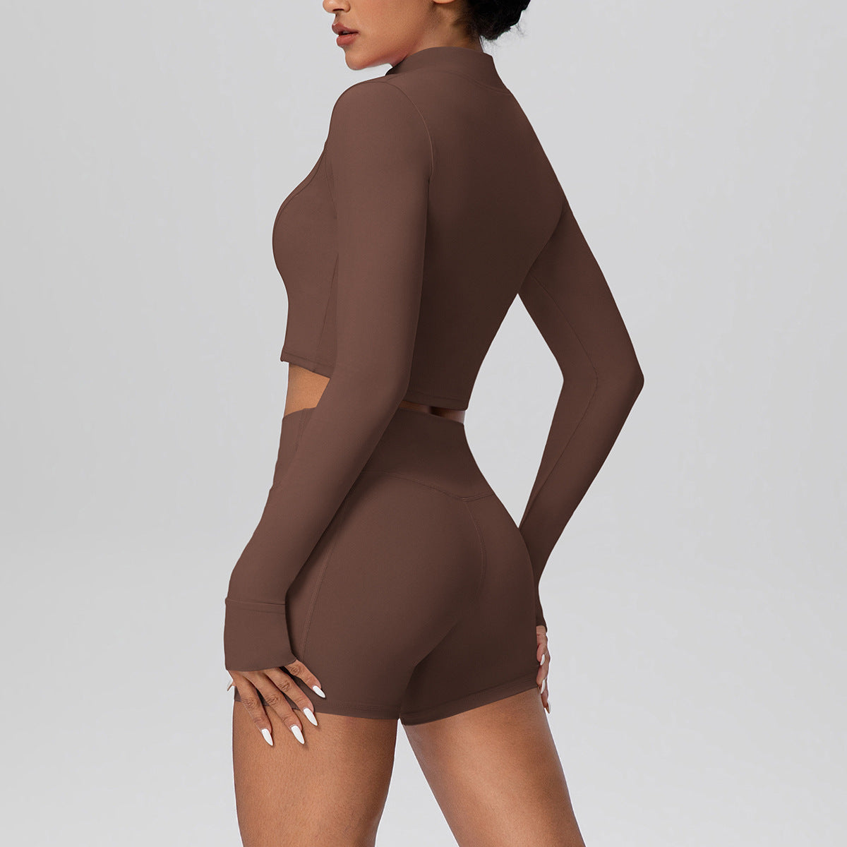 High Waist Nude Feel Thumb Hole Zip Long Sleeve Coat Pocket Shorts Yoga Clothes Fitness Hip Lifting Yoga Set