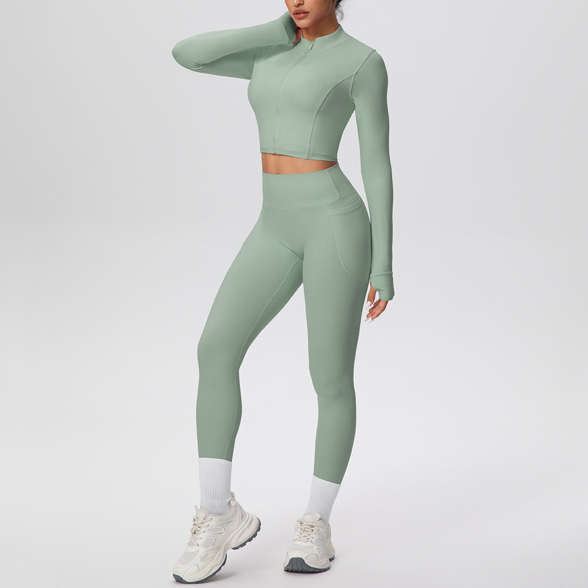 Tight High Waist Nude Feel Thumb Hole Zip Long Sleeve Coat Pocket Yoga Clothes Fitness Hip Lifting Yoga Set