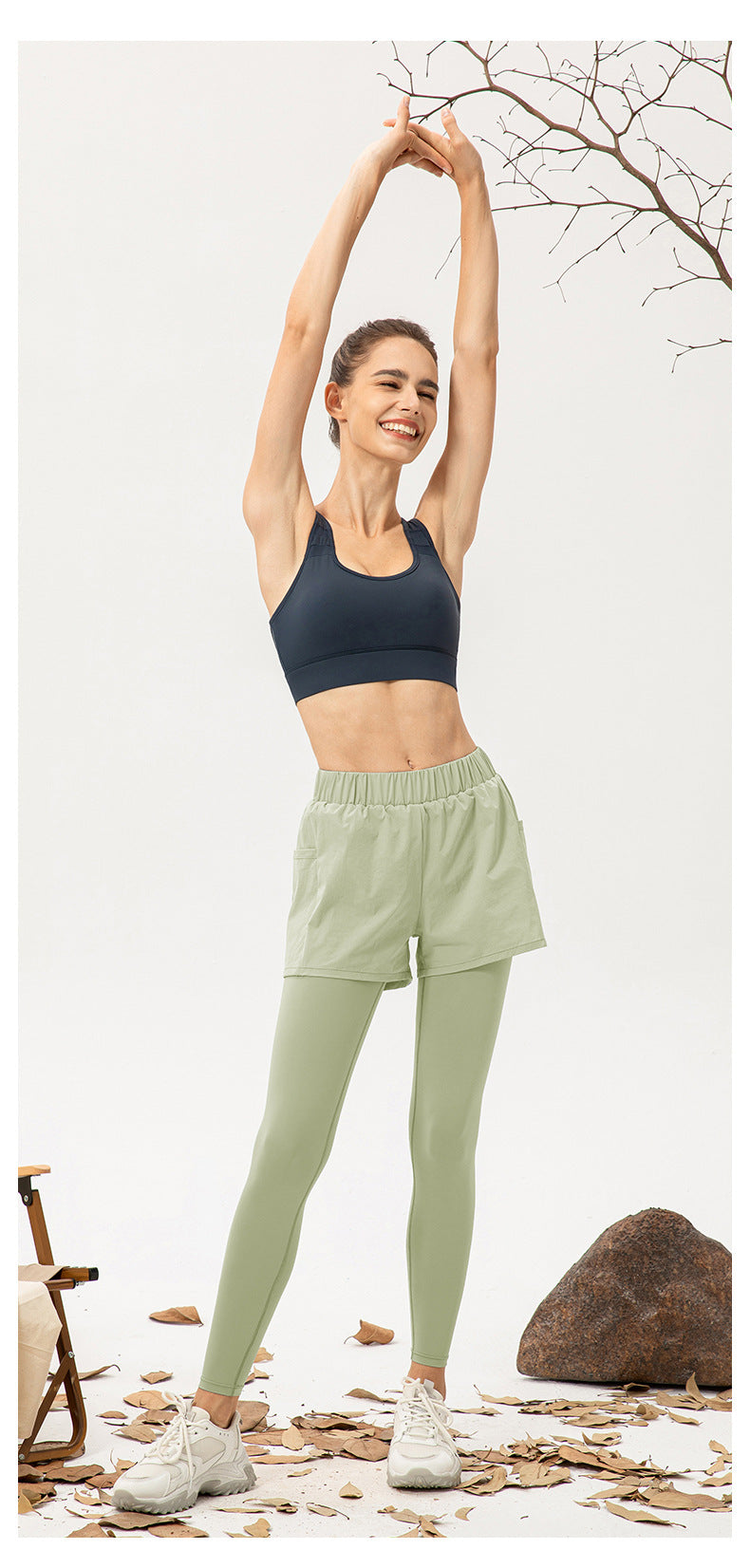 Women Faux Two Piece Yoga Trousers High Waist Hip Lift Fitness Pants Pocket Loose Breathable Running Workout Pants