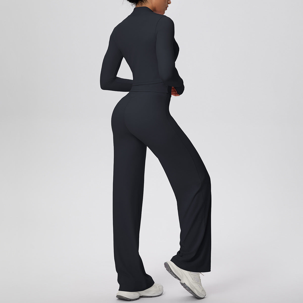 Women Solid Color Zip Long Sleeve Coat Oblique Shoulder Vest Baggy Straight Trousers Workout Clothes Yoga Three Piece Set