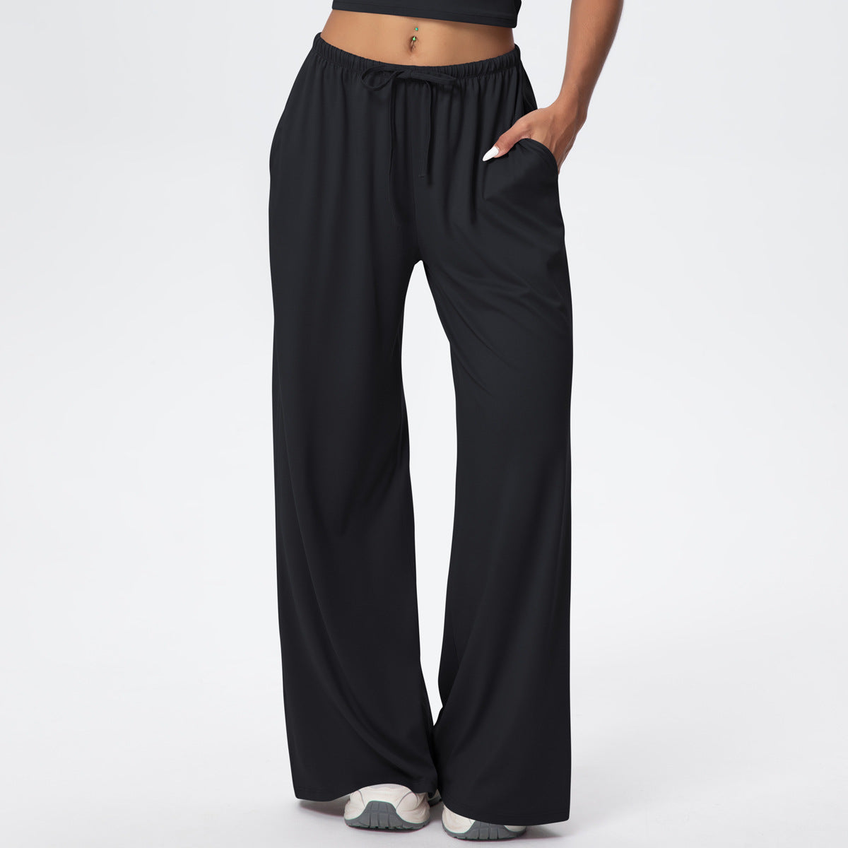 Brushed Trousers Draping Side Pocket Wide Leg Pants Loose Casual Pants Women Sports Fitness Elastic Drawstring Trousers