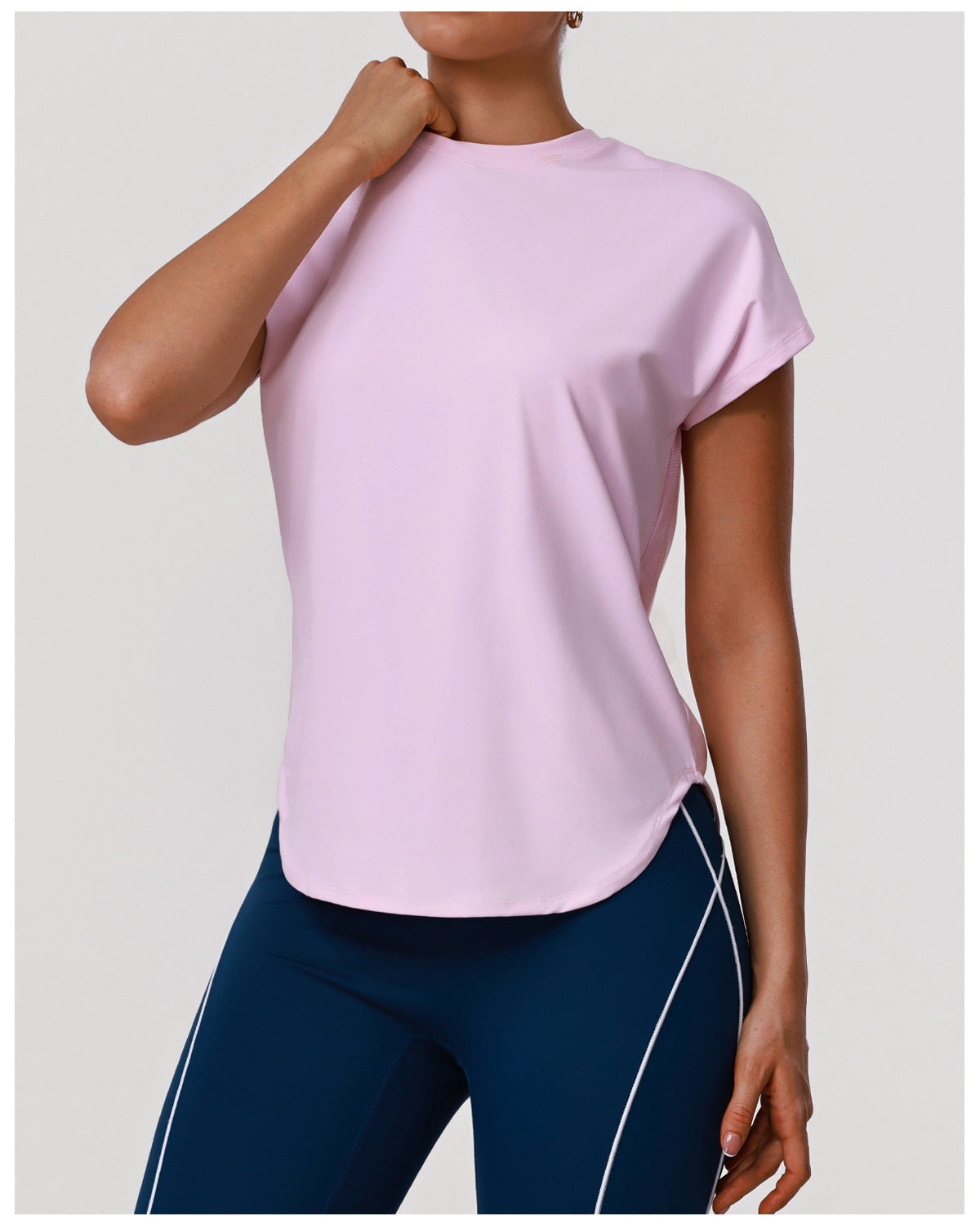 Yoga Clothes round Neck Quick Drying T-shirt Loose Stitching Short Sleeve Sports Workout Outdoor Running Top