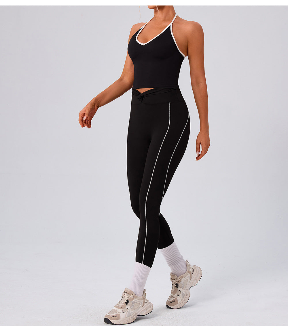 Hip Lift Belly Shaping Contrast Color Chest Pad Running Workout Shorts Halter Exercise Underwear Bra Yoga Set for Women
