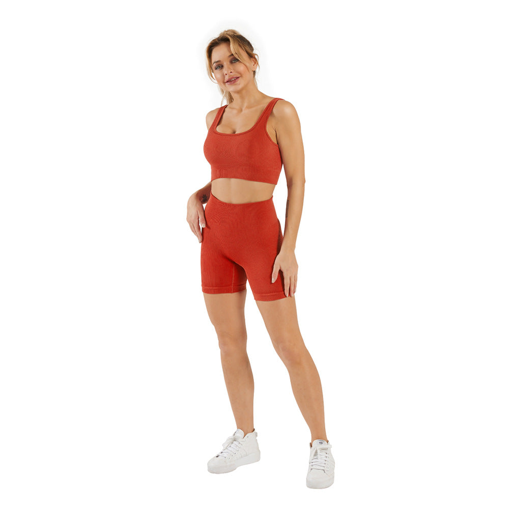 Sports Fitness Yoga Wear Women U-Neck Bra Shorts Seamless Two-Piece Set