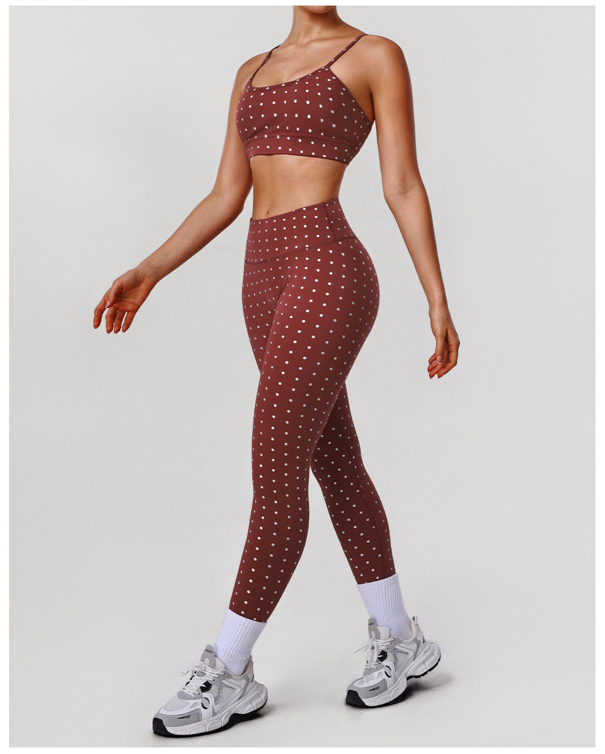Silver Polka Dot Yoga High Elastic Tights Push up Sports Bra Fitness Two Piece Sets
