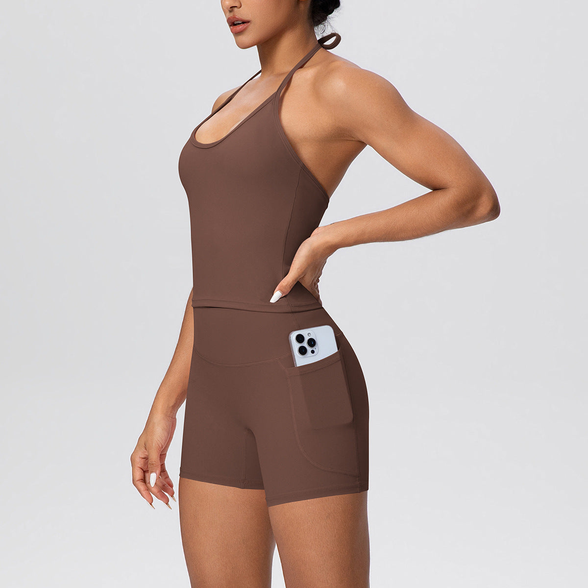 Women Cloud Sense Solid Color Lace Strap Beauty Back Yoga Vest Pocket Shorts Sports Slim Fitting Yoga Set