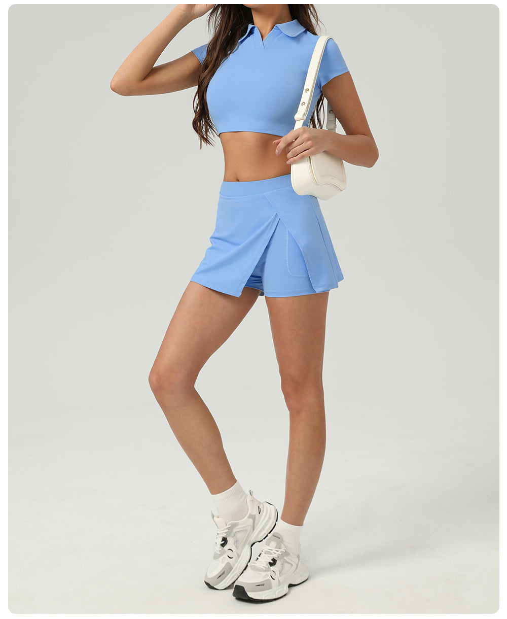 Summer Tennis Skirt Ice Feeling Sun Protection Sports Short Sleeve Top Loose Running Anti Emptied Pantskirt Two Piece Sets