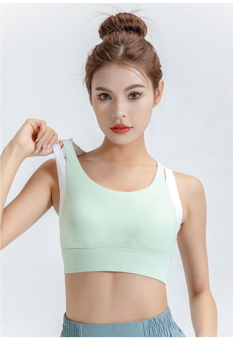 Contrast Color Sports Yoga Shockproof Faux Two Piece Bra Fixed Chest Pad H Shaped Beauty Back Underwear Women Workout Top