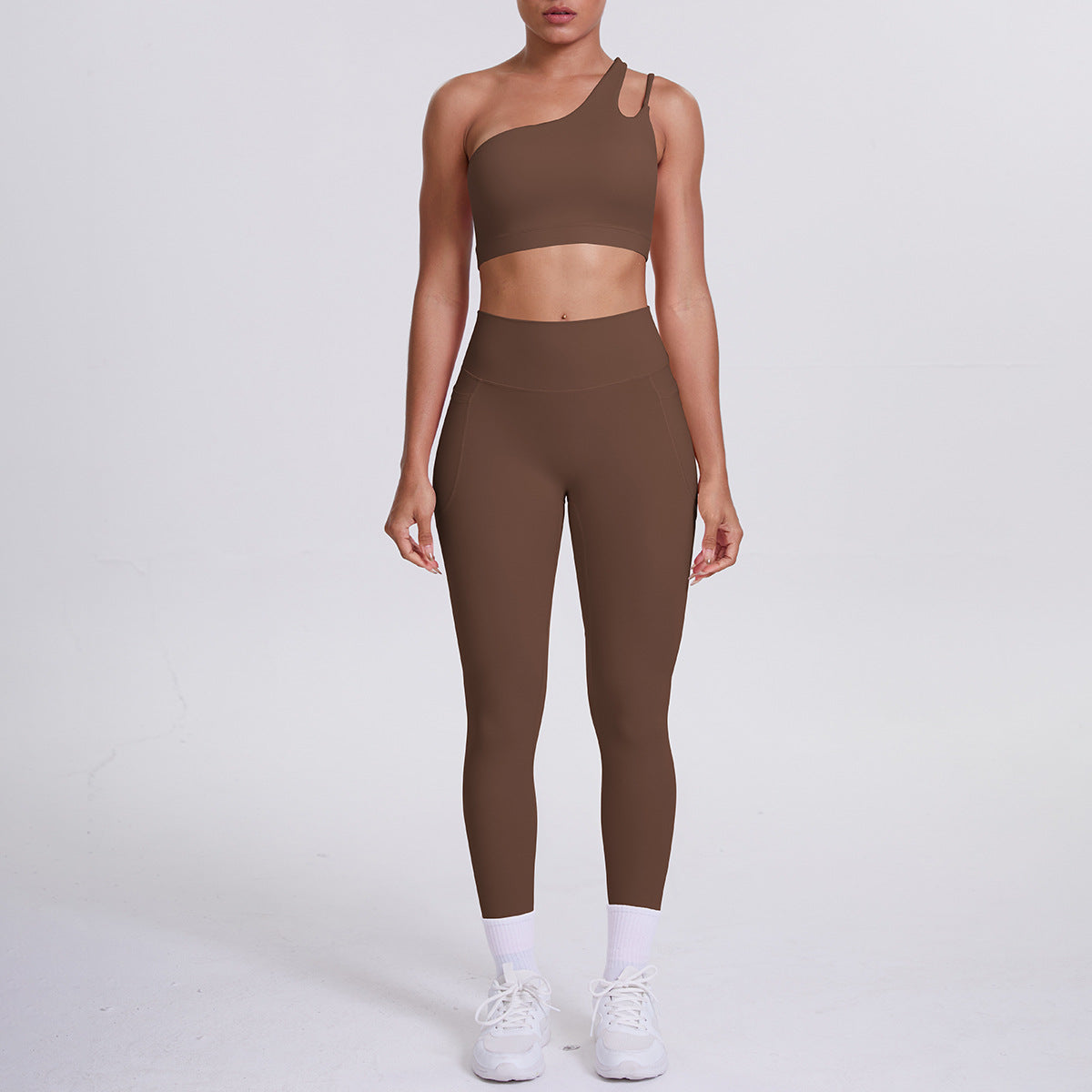 Oblique One Shoulder Beauty Back Yoga Bra Nude Feel Sports Underwear Running Yoga Pants Fitness Pocket Trousers Set