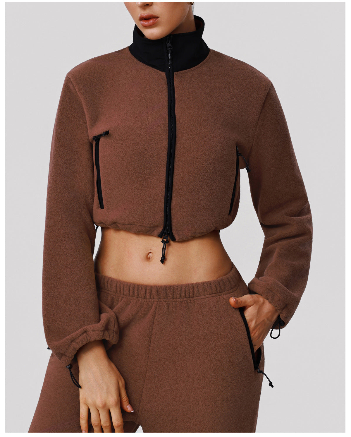Autumn Winter Thick Polar Fleece Sports Slim Fitting Coat Warm Stand Collar Zipper Pocket Fitness Long Sleeved Upper Garment