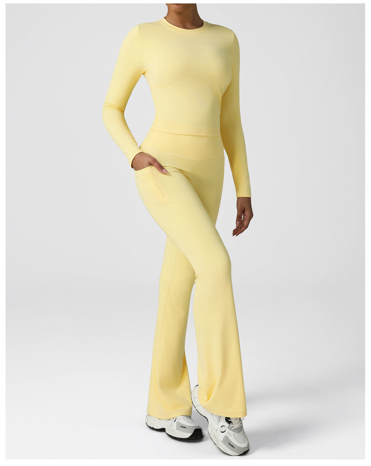 Nuis Nude Feel Tight Long-Sleeve Suit High Waist Running Fitness Pocket Flared Pants Yoga Clothes Two Piece Set