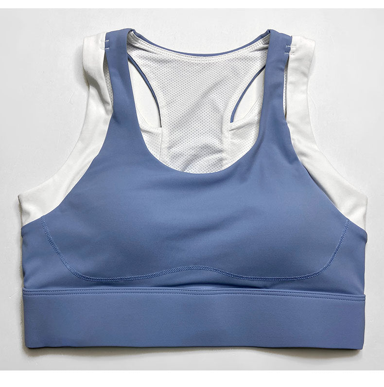 Contrast Color Sports Yoga Shockproof Faux Two Piece Bra Fixed Chest Pad H Shaped Beauty Back Underwear Women Workout Top