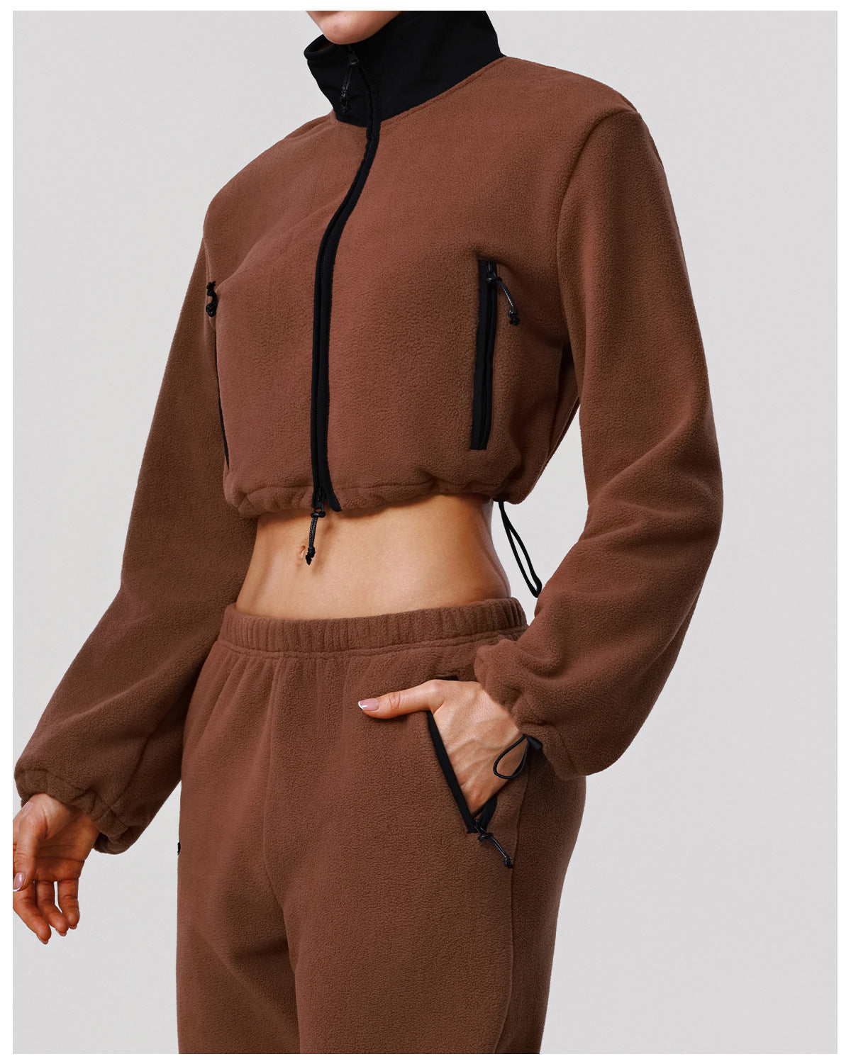 Autumn Winter Thick Polar Fleece Sports Slim Fitting Coat Warm Stand Collar Zipper Pocket Fitness Long Sleeved Upper Garment