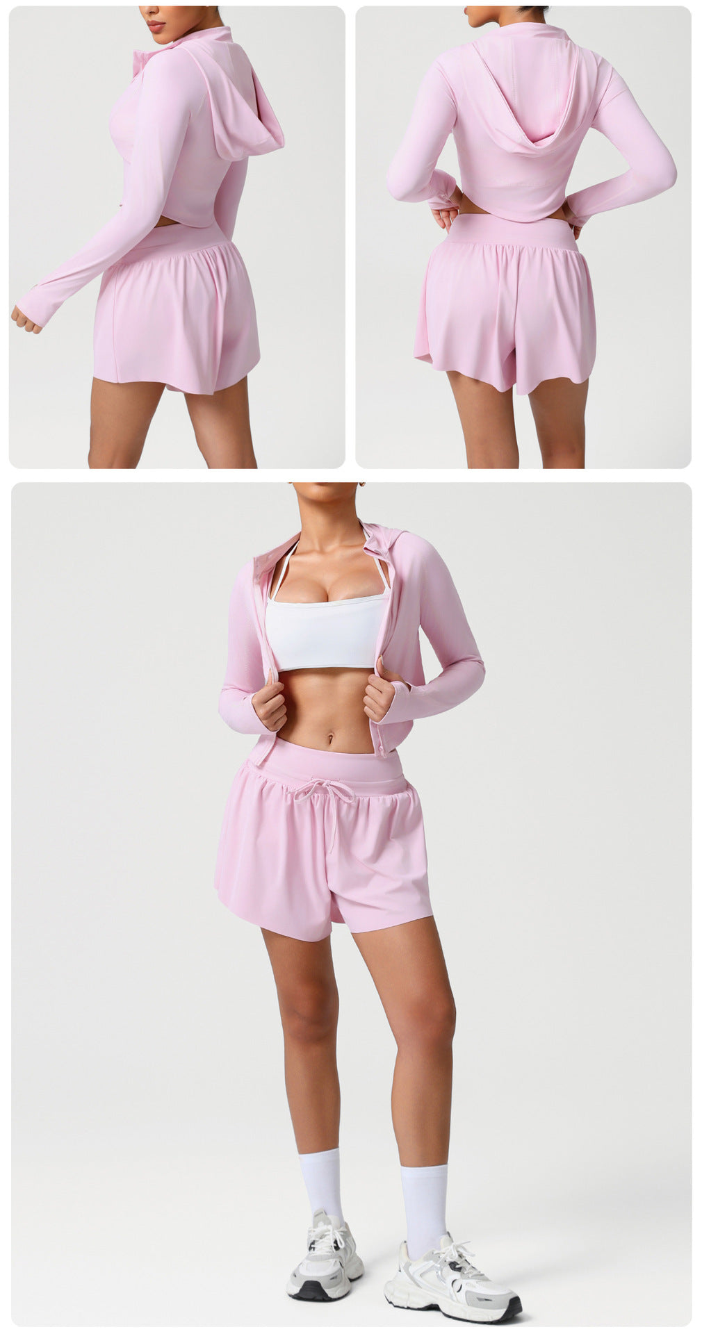 Autumn Winter Nude Feel Casual Sports Hooded Suit Slim Stand Collar Jacket High Waist Workout Shorts Yoga Two Piece Sets