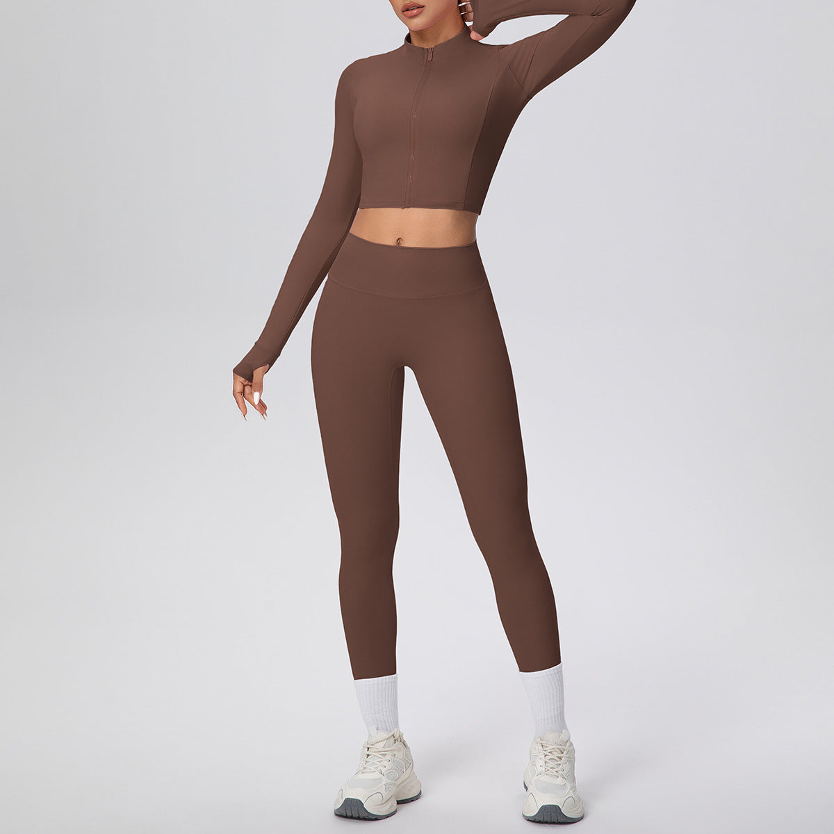 Tight High Waist Nude Feel Sports Thumb Hole Zip Long Sleeve Coat Yoga Clothes Fitness Hip Lifting Yoga Set