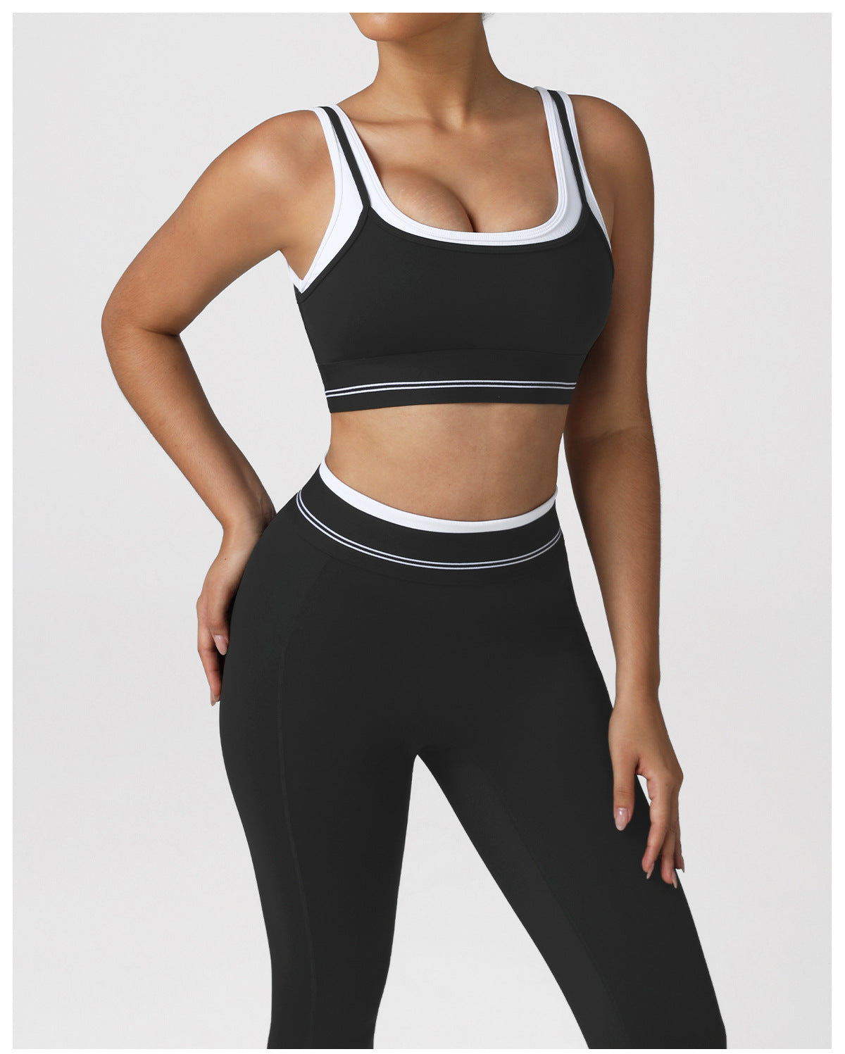 Contrast Color Hip Lifting Yoga Clothes Skinny Ankle Length Pants Suit Faux Two Piece High Elastic Sports Vest Fitness Two Piece Sets Women