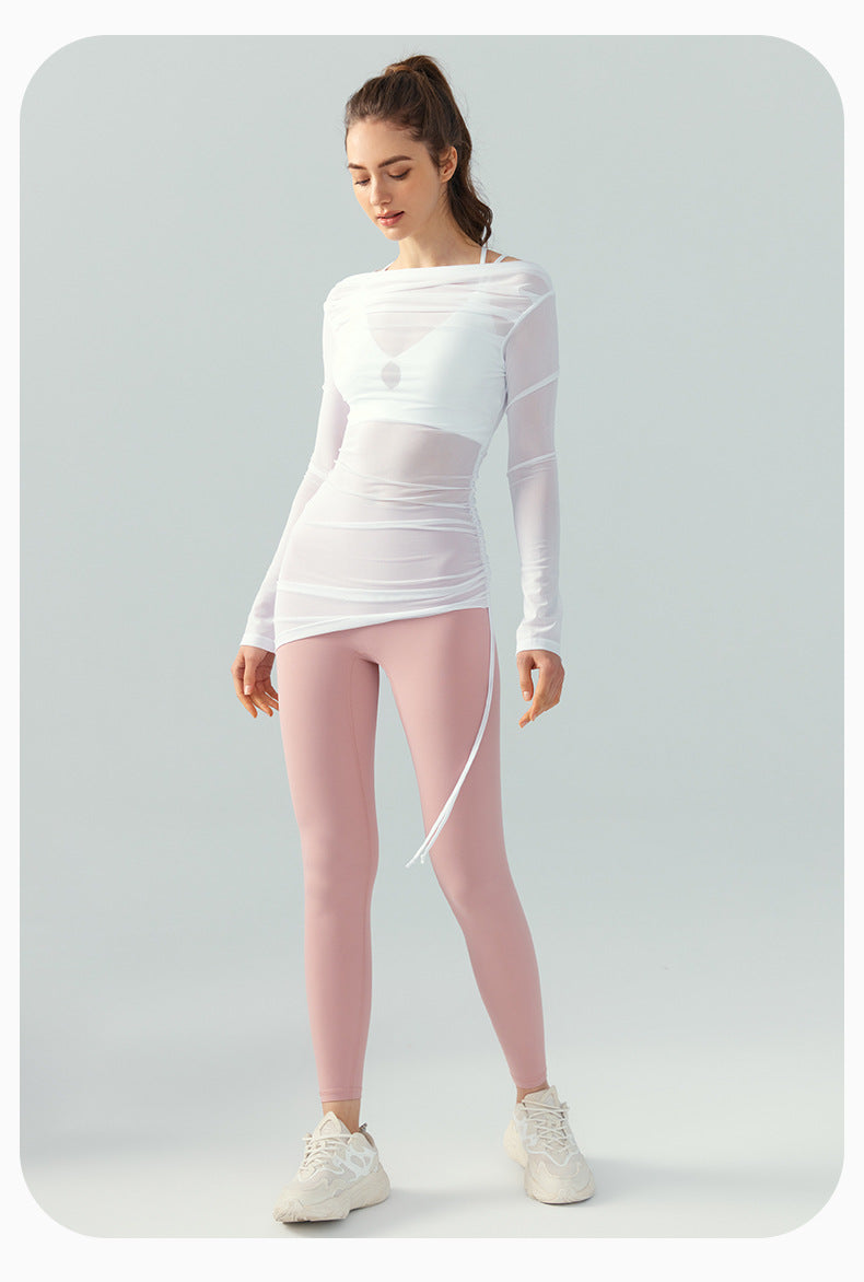 Long Sleeve Mesh Yoga Blouse High-Grade Sexy off-the-Shoulder Slant Shoulder Lightweight Sports Blouse