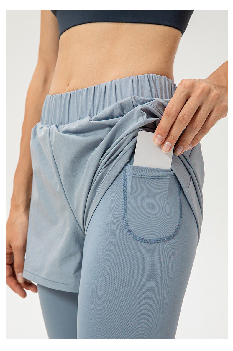 Women Faux Two Piece Yoga Trousers High Waist Hip Lift Fitness Pants Pocket Loose Breathable Running Workout Pants