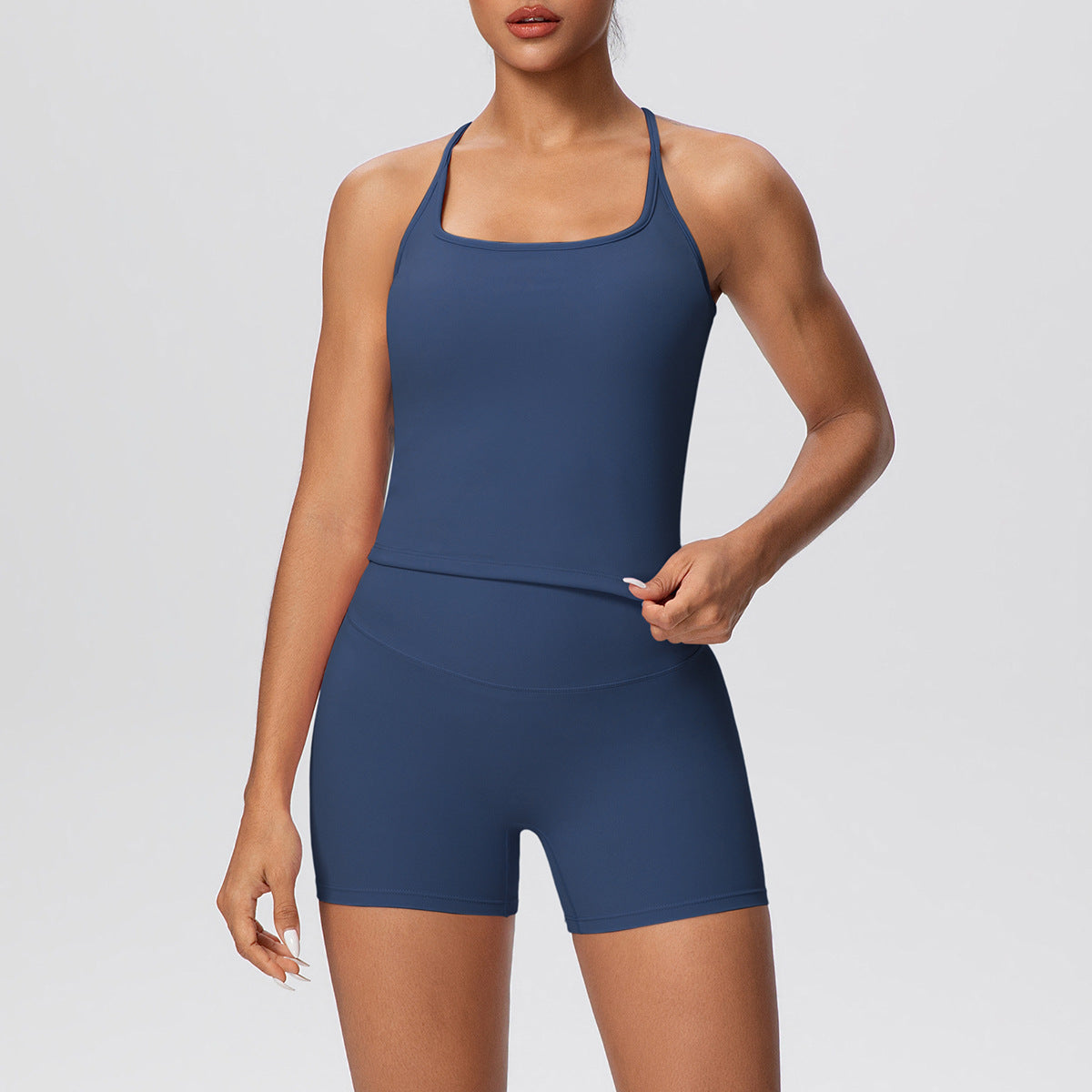 Solid Color Skin Friendly H Shaped Beauty Back Sports Vest Yoga Shorts Tight Leggings Fitness Yoga Wear Set
