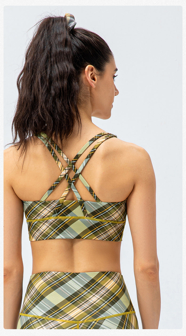 Nude Feel Yoga Sports Bra Houndstooth Shockproof Running Vest with Chest Pad Fitness Bra Plaid Element