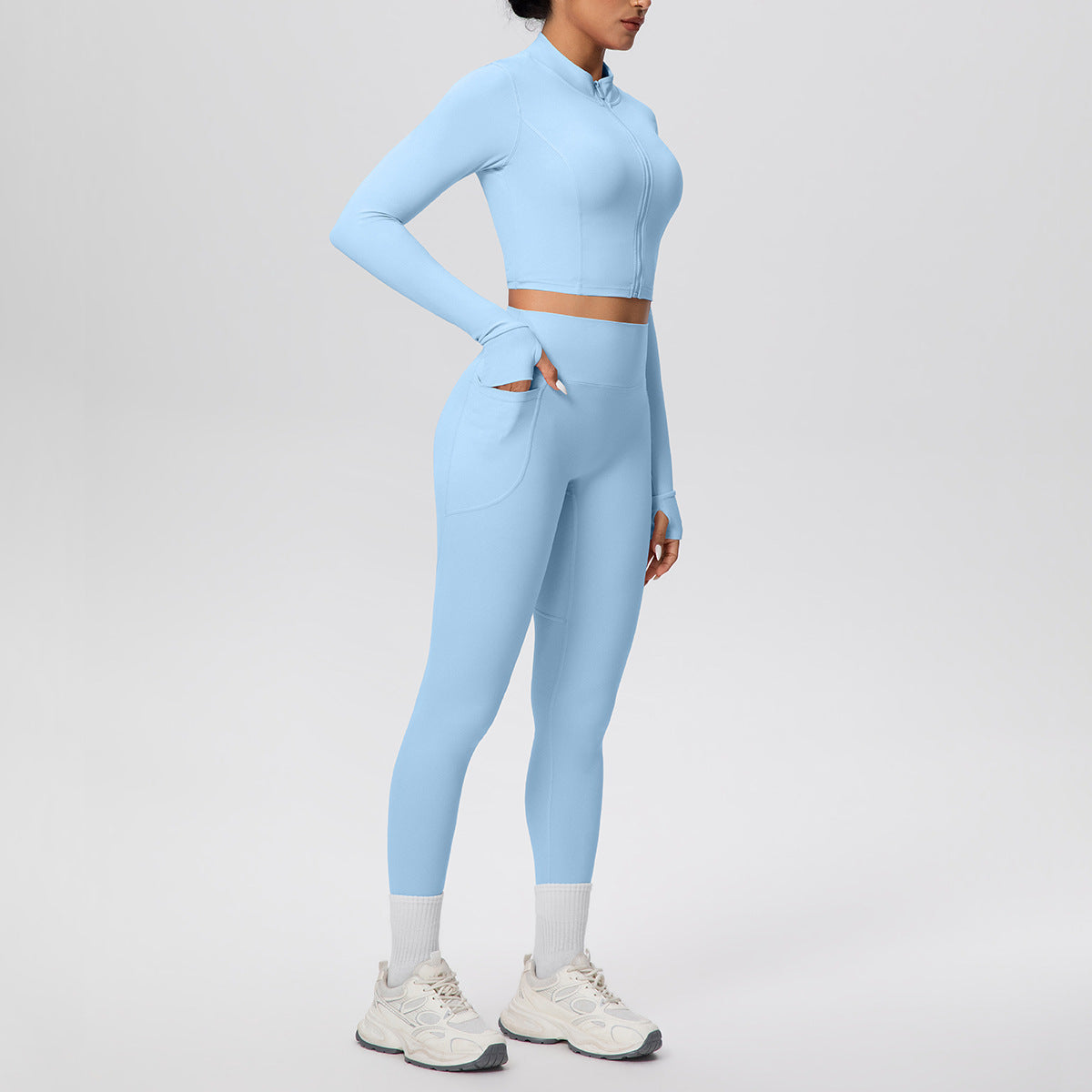 Tight High Waist Nude Feel Thumb Hole Zip Long Sleeve Coat Pocket Yoga Clothes Fitness Hip Lifting Yoga Set