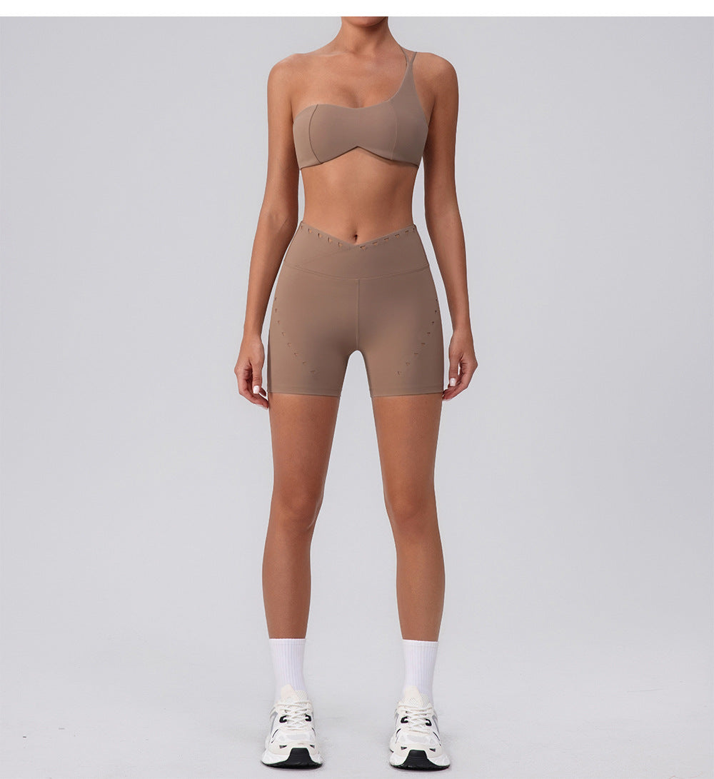 Summer Training Workout Clothes Outer Wear Beauty Back Hollow Out Cutout Vest Oblique Shoulder Yoga Bra Top Nude Feel Sports Underwear for Women