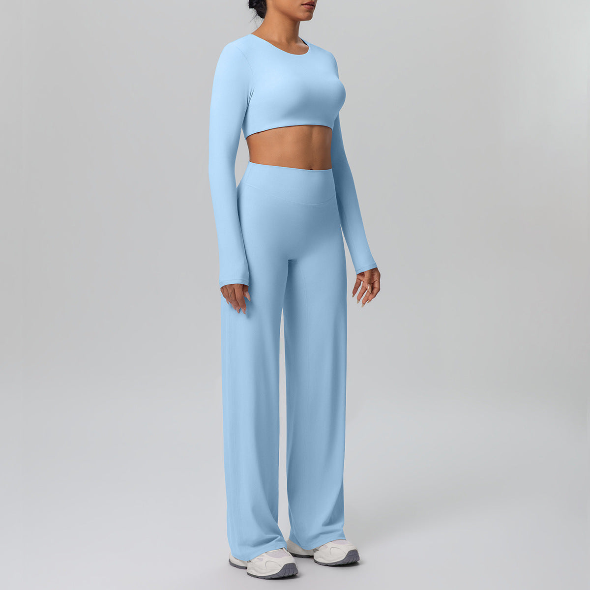 Women Long Sleeve Skin Friendly with Chest Pad Breathable Sports Drooping Straight Pants Yoga Set