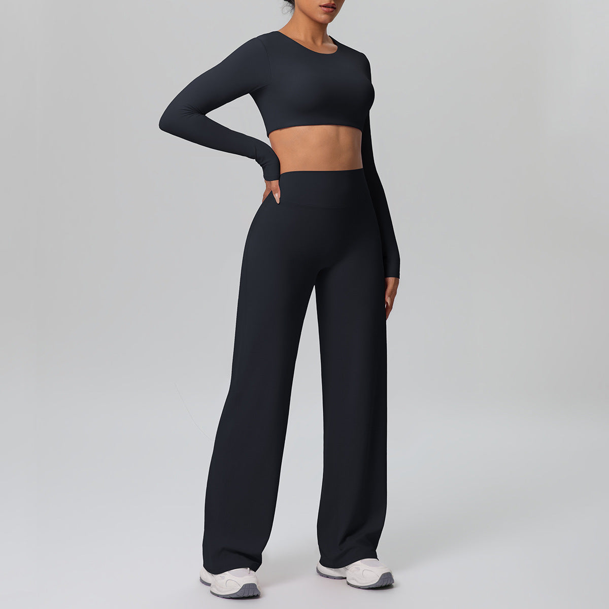 Women Long Sleeve Skin Friendly with Chest Pad Breathable Sports Drooping Straight Pants Yoga Set