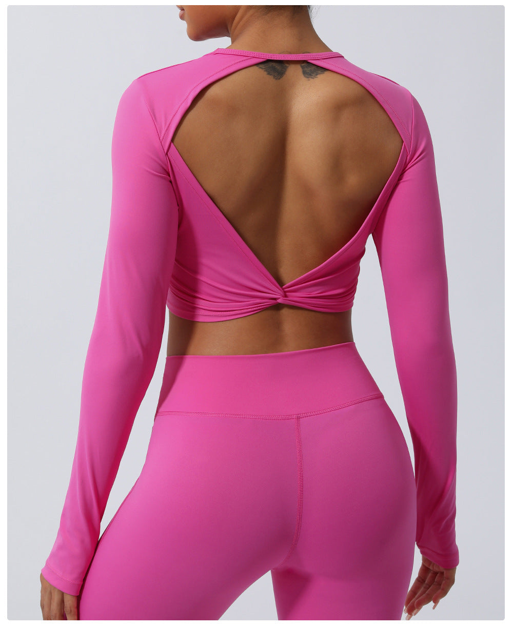 Spring Nude Feel Hollow Out Cutout Out Beauty Back Sports Top Twisted Short Yoga Clothes With Chest Pad Long Sleeve T Shirt Workout Clothes
