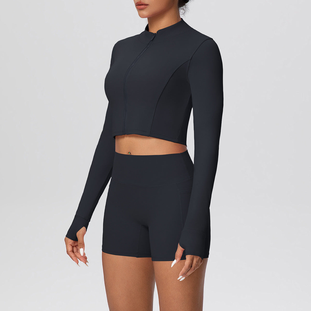 High Waist Nude Feel Thumb Hole Zip Long Sleeve Coat Pocket Shorts Yoga Clothes Fitness Hip Lifting Yoga Set