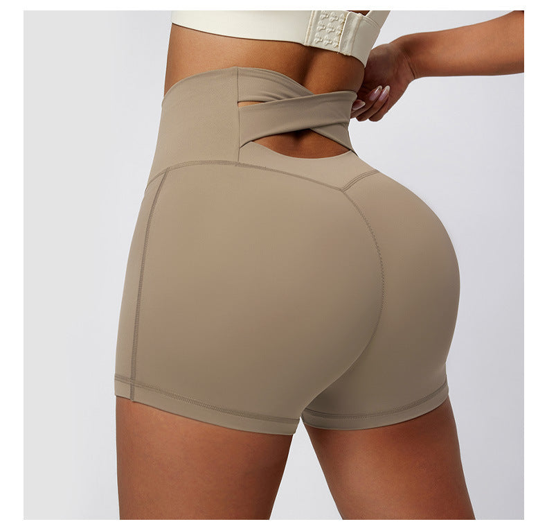 Summer Nude Feel Yoga Shorts High Waist Hip Lift Back Waist Cross Cycling Fitness Exercise Short Shorts