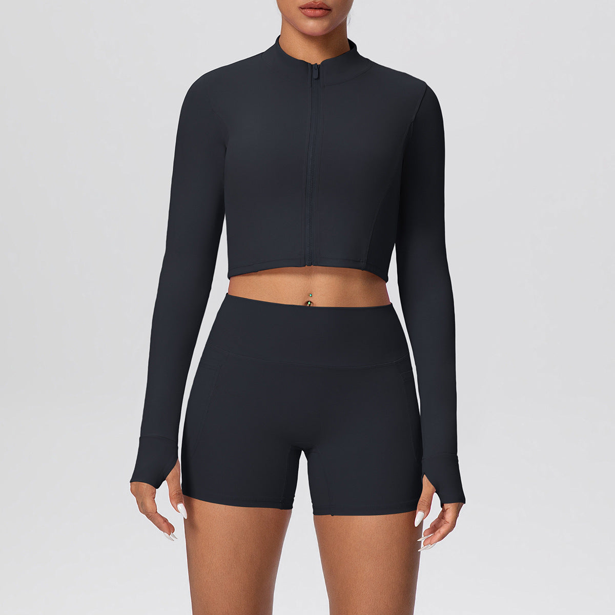 High Waist Nude Feel Thumb Hole Zip Long Sleeve Coat Pocket Shorts Yoga Clothes Fitness Hip Lifting Yoga Set