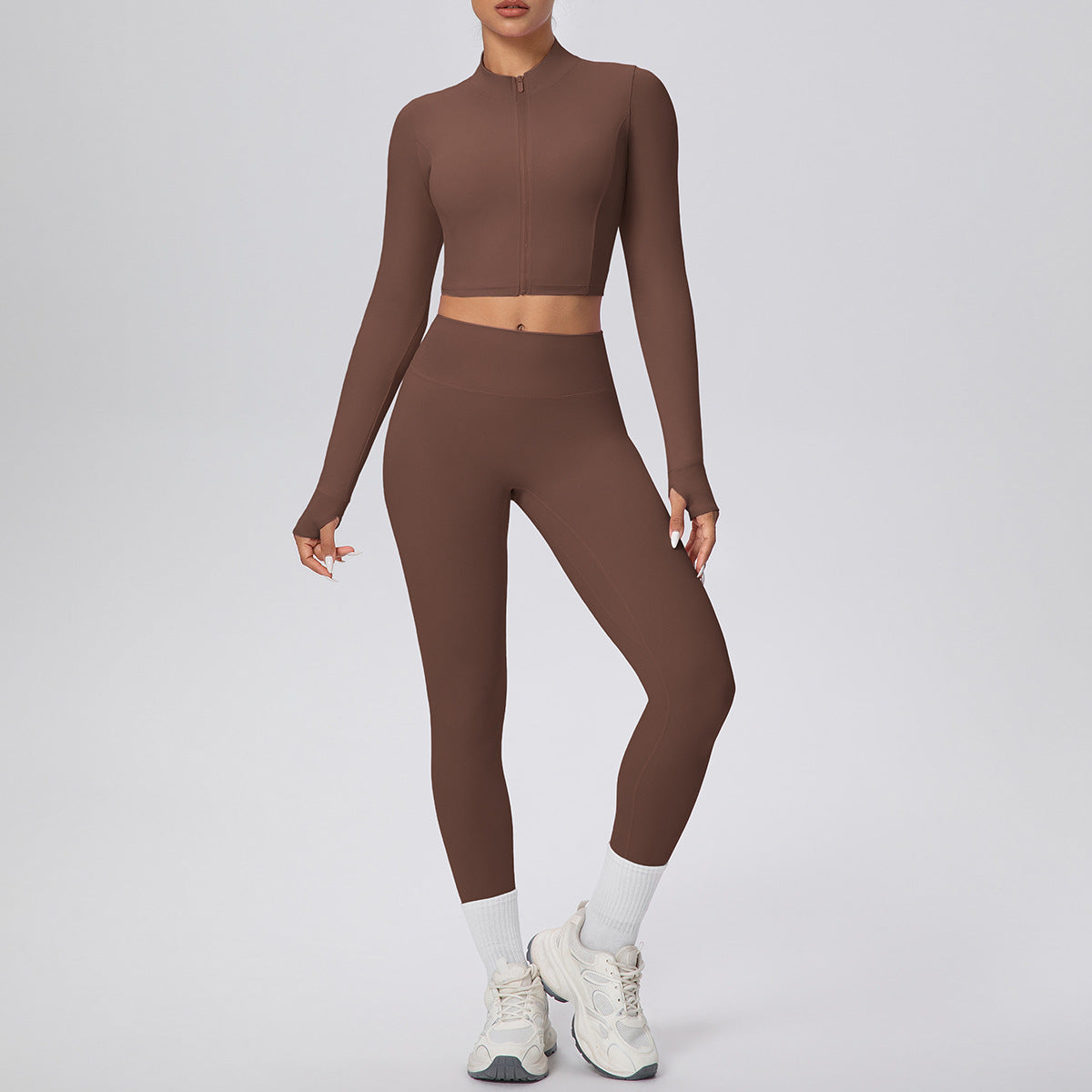 Tight High Waist Nude Feel Sports Thumb Hole Zip Long Sleeve Coat Yoga Clothes Fitness Hip Lifting Yoga Set