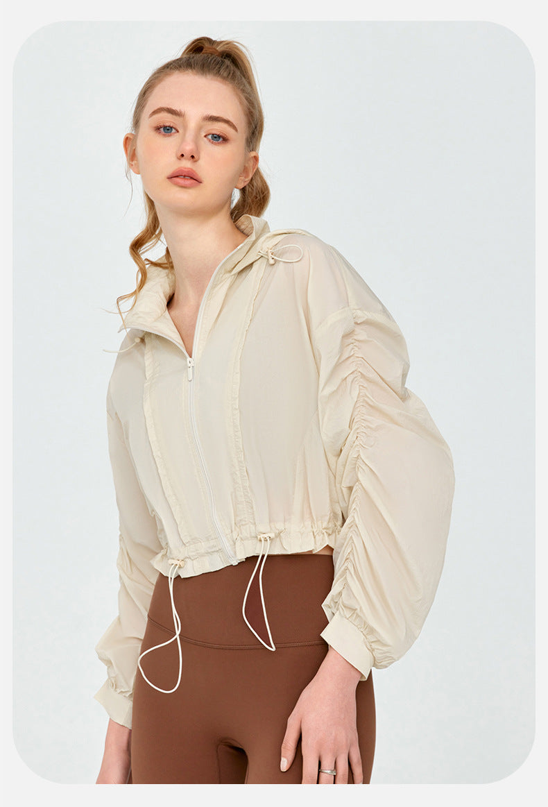 High Grade Sun Protective Clothing Women Outdoor Loose Short Breathable Sun Protection Long Sleeve Hooded Ruched Sun Protection Jacket