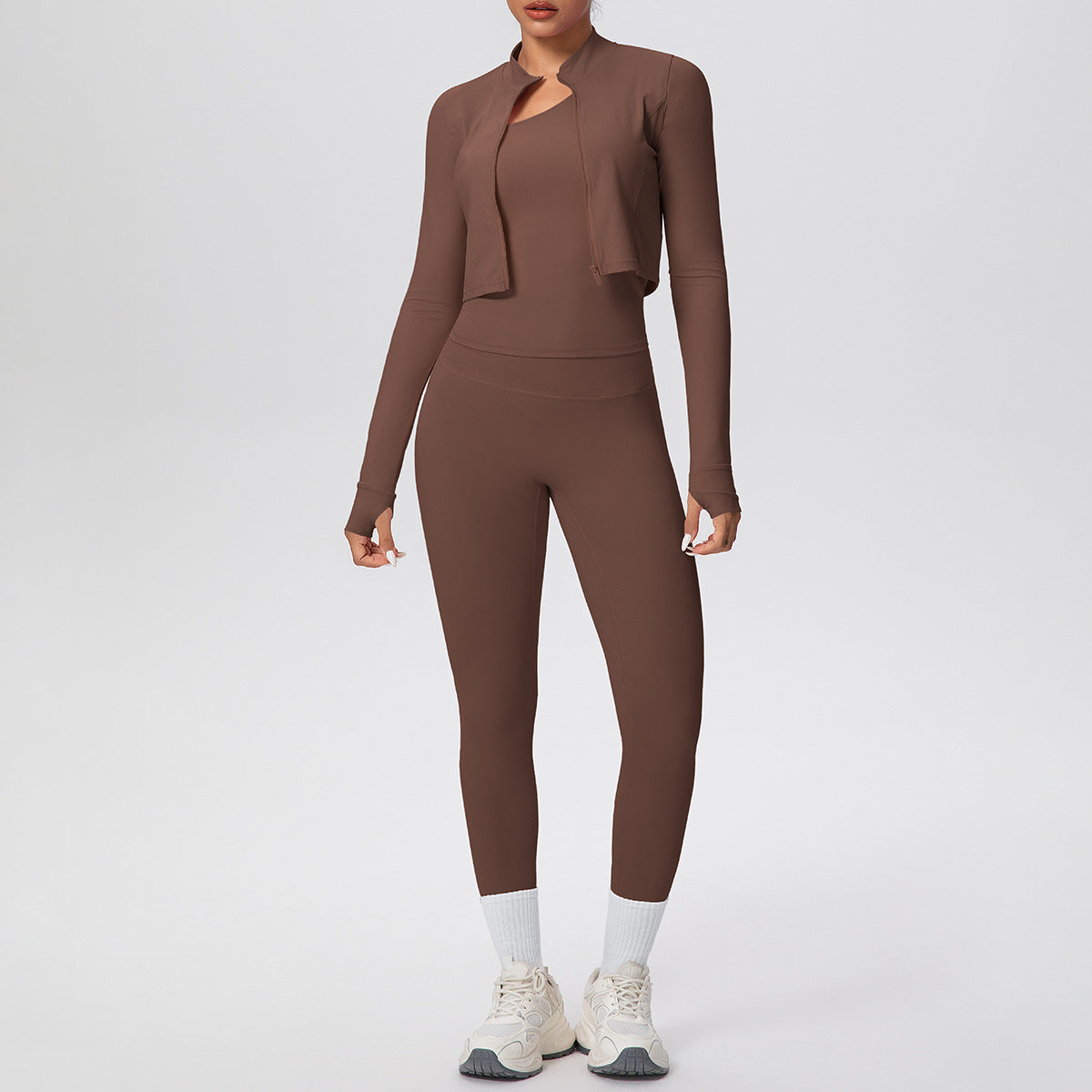 Women Solid Color Zip Long Sleeve Coat Oblique Shoulder Vest Slim Fit Yoga Pants Workout Clothes Yoga Three Piece Set