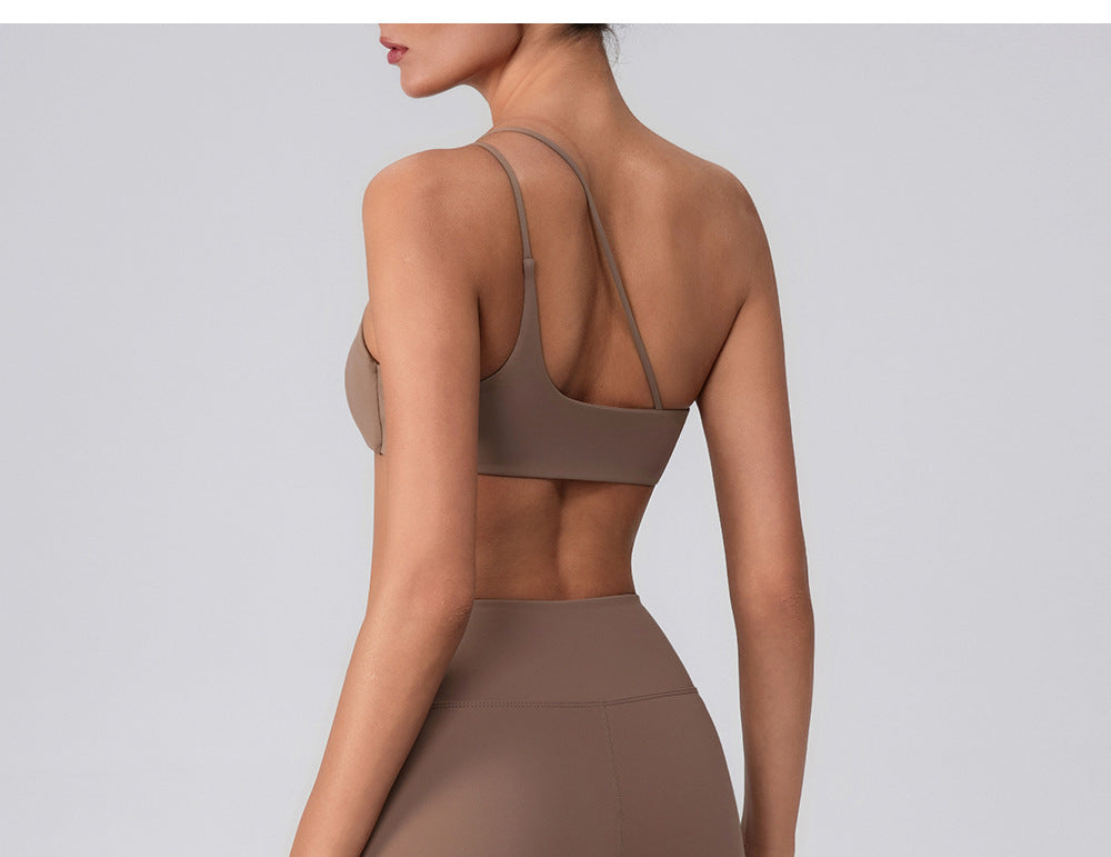 Summer Training Workout Clothes Outer Wear Beauty Back Hollow Out Cutout Vest Oblique Shoulder Yoga Bra Top Nude Feel Sports Underwear for Women